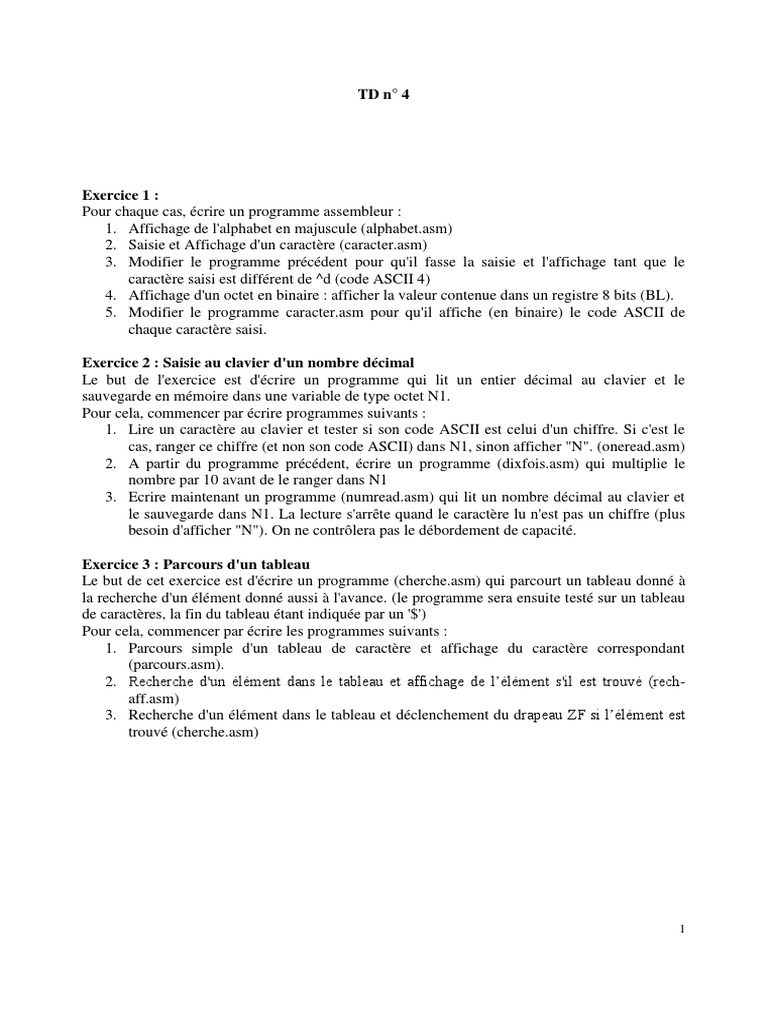 Programmes Assembleur pour Exercices TD | PDF | ASCII | Programmation ...