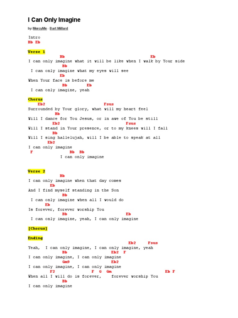Chord sheet for I Can Only Imagine in BB, showing the harmonic foundation for guitar or keyboard accompaniment