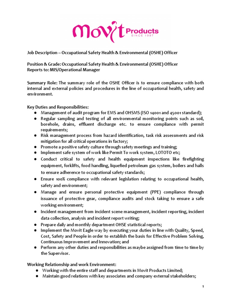 OSHE Officer Job Description and Requirements | PDF | Occupational ...
