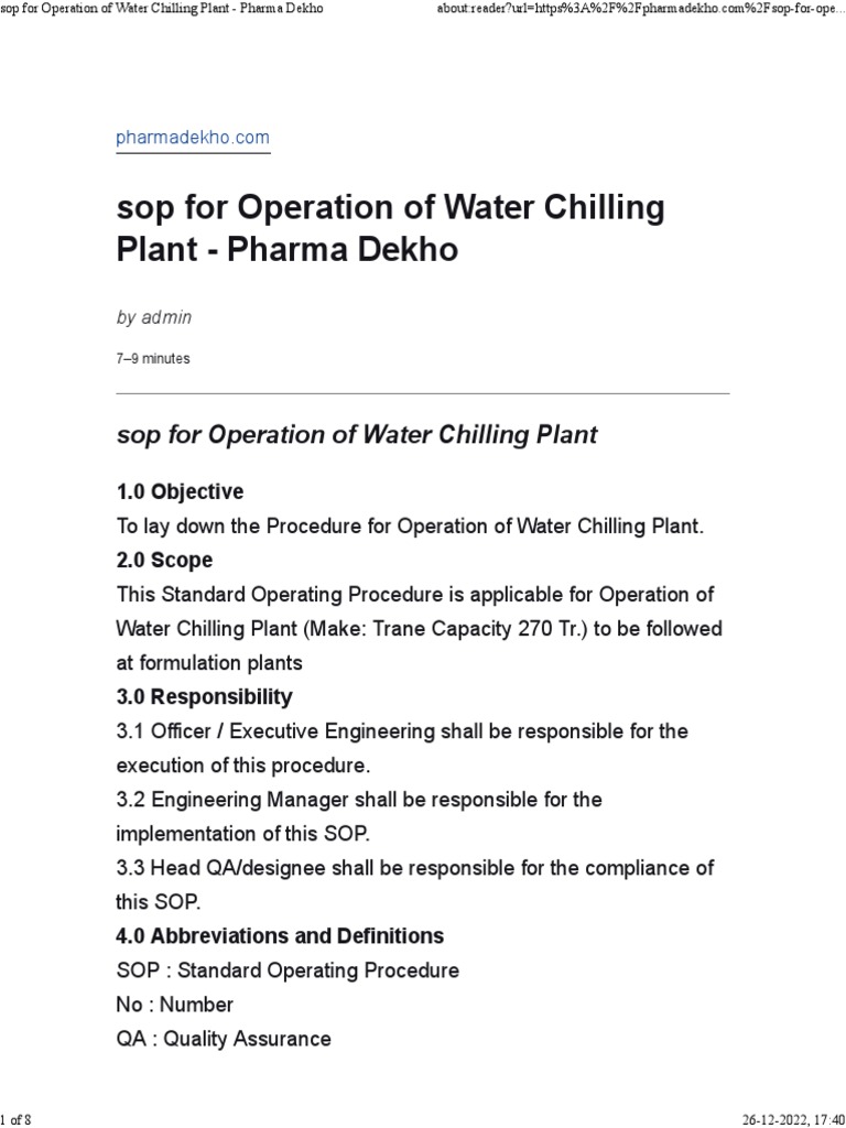 Sop For Operation of Water Chilling Plant Pharma Dekho PDF