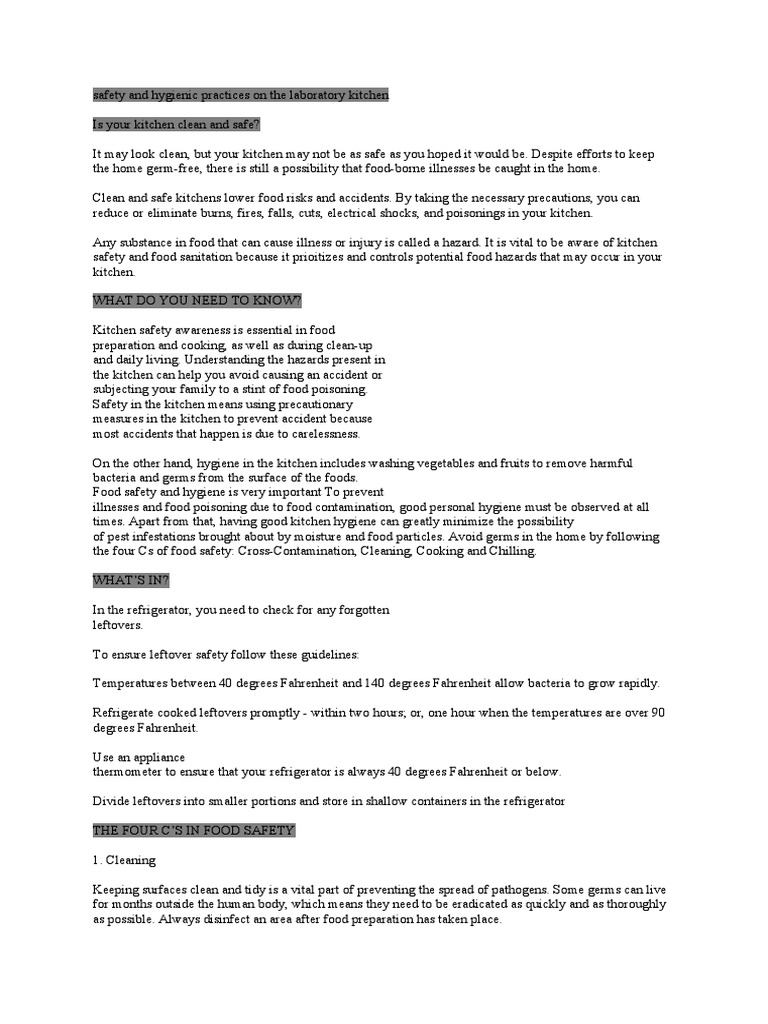 Laboratory Kitchen PDF Foods Hygiene