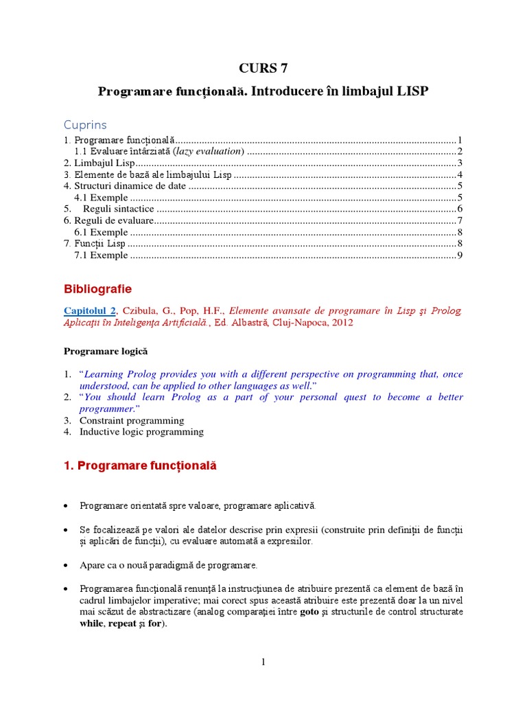 Programare Functionala. Introducere in Limbajul LISP | PDF