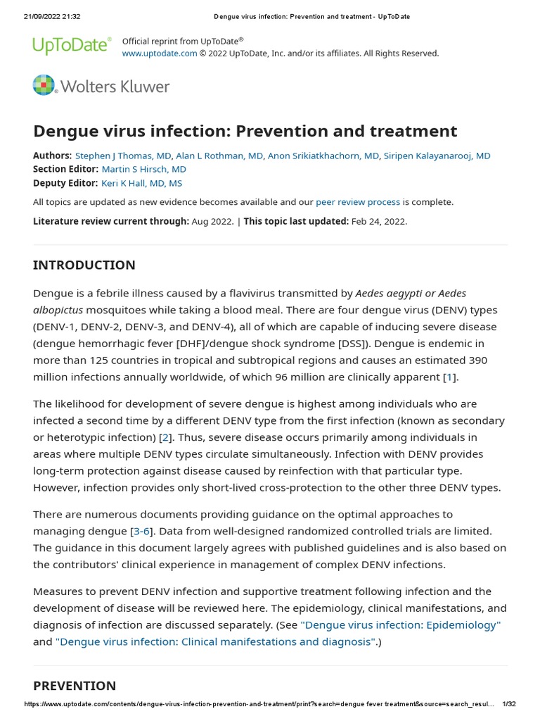 Dengue Virus Infection Prevention and Treatment UpToDate PDF