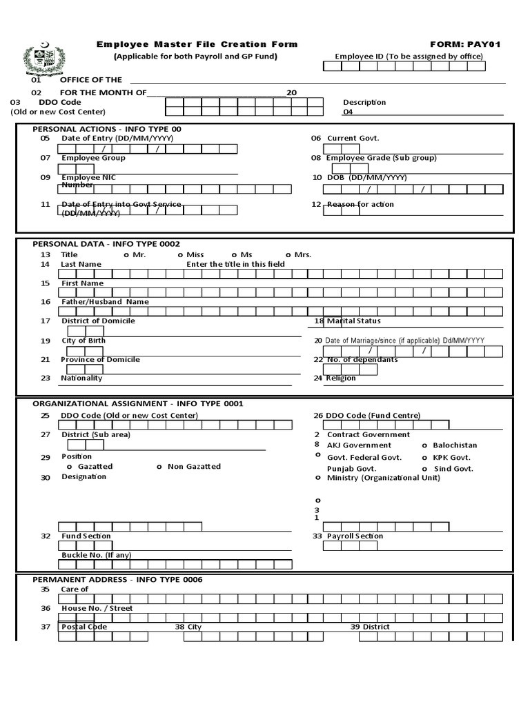 Employee Master File Creation Form PDF Business