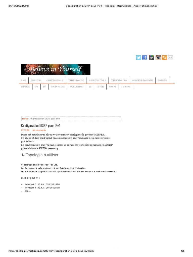 Configuration EIGRP pour IPv4 | PDF | Adresse IP | Routage