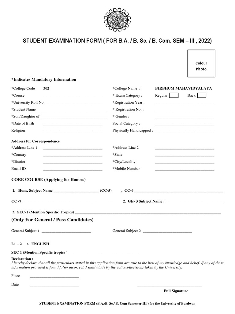 Semester III Examination Form 2022 | PDF | Bachelor's Degree