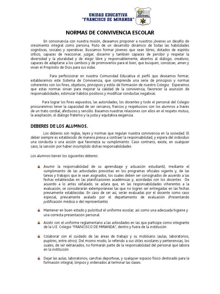NORMAS DE CONVIVENCIA ESCOLAR Gaby Reformando | PDF | Salón de clases ...