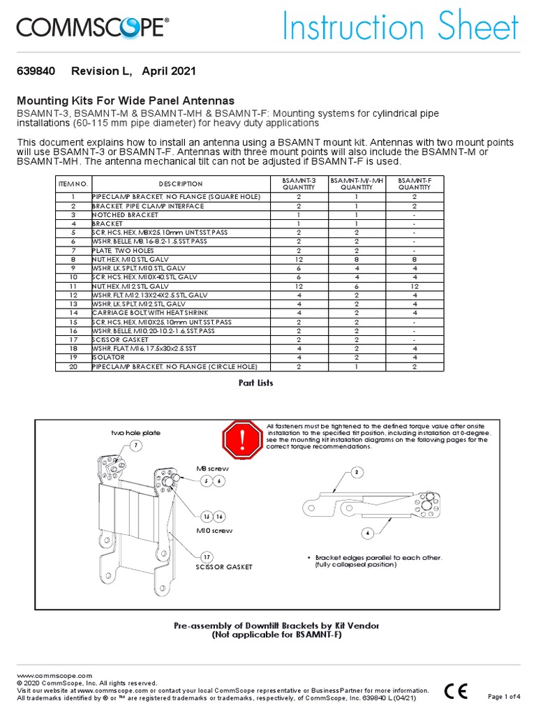 Mounting Kits For Wide Panel Antennas Installation Instruction Pdf