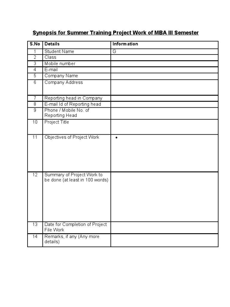 Synopsis For Summer Training Project Work | PDF