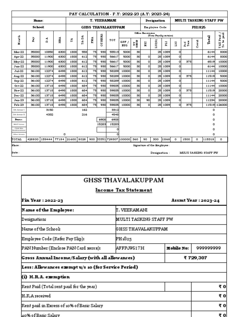 PAY CALCULATION AND INCOME TAX STATEMENT FOR T VEERAMANI FOR FINANCIAL