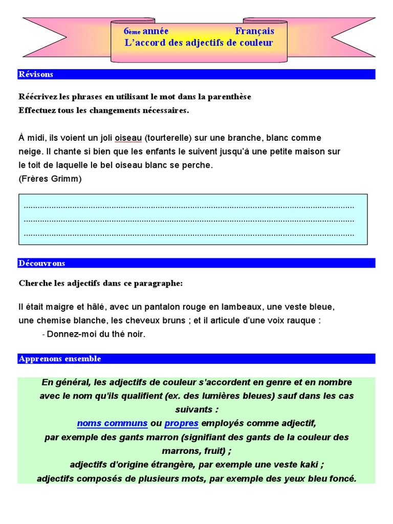 Accord des adjectifs de couleur en 6e | PDF | Bleu | Blanc