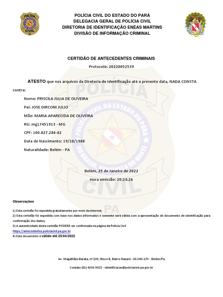 Certidão de Antecedentes Policiais -  - Portal de Serviços Digitais