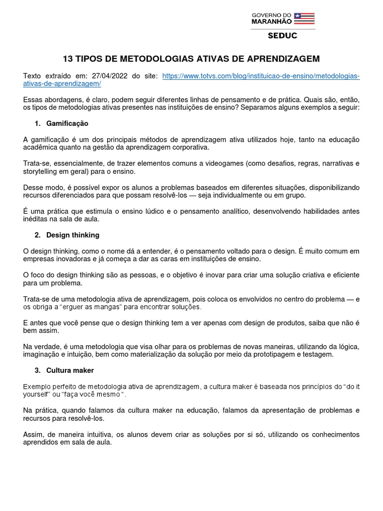 10 - Metodologias Ativas | PDF | Aprendizado | Design Thinking