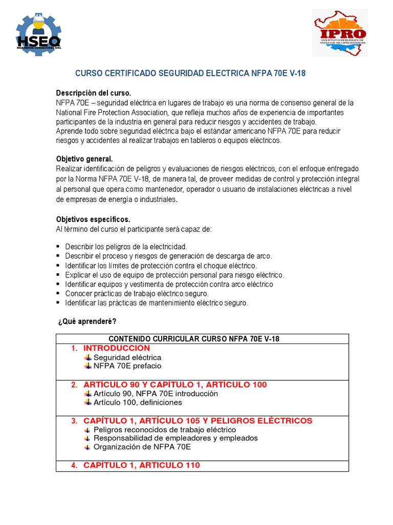 Brochure Informatico Curso Nfpa 70e V18 PDF Lugar de trabajo Las