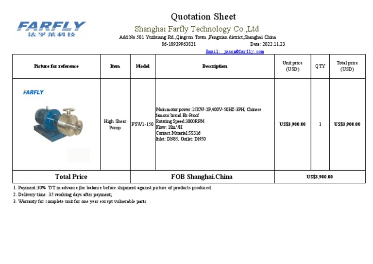 High Shear Pump Quotation Sheet | PDF