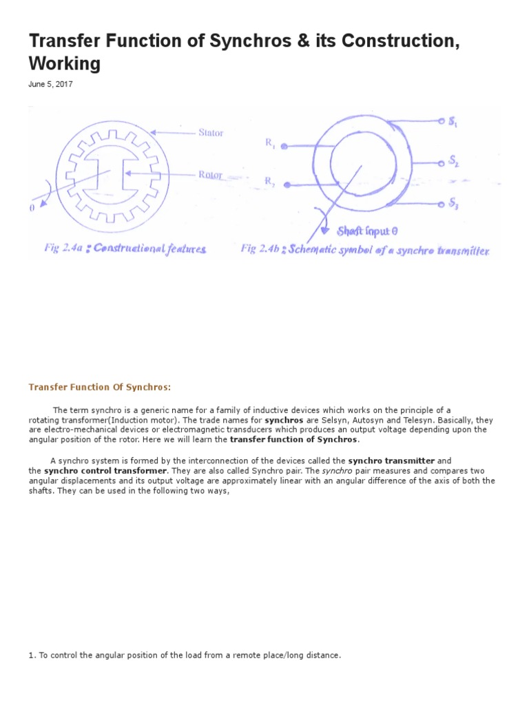 Transfer Function of Synchros & Its Construction, Working Electrical