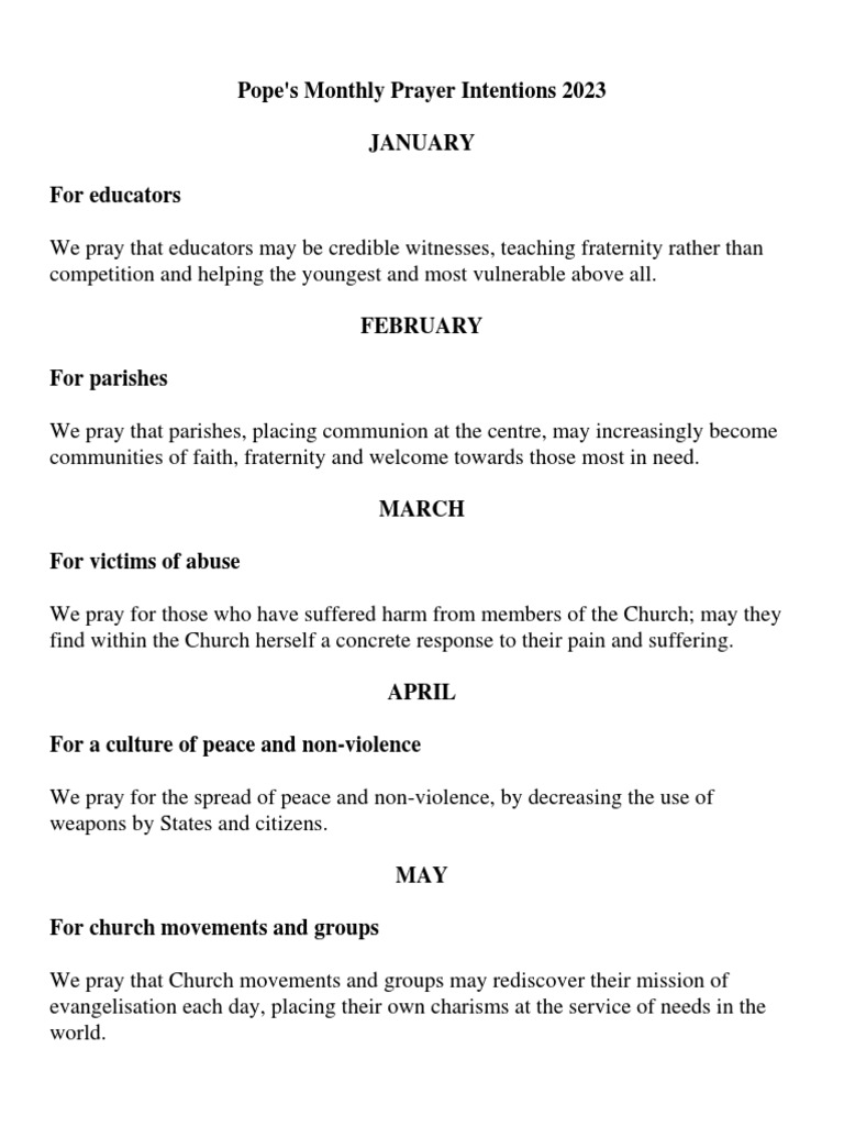 Pope's Monthly Prayer Intentions 2023 PDF Catholic Church Prayer