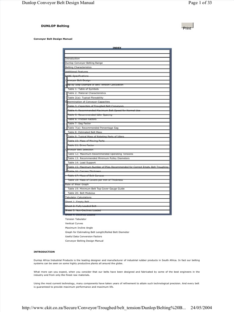 Vdocument in Dunlop Conveyor Belt Design Manual PDF Belt (Mechanical) Tension (Physics)