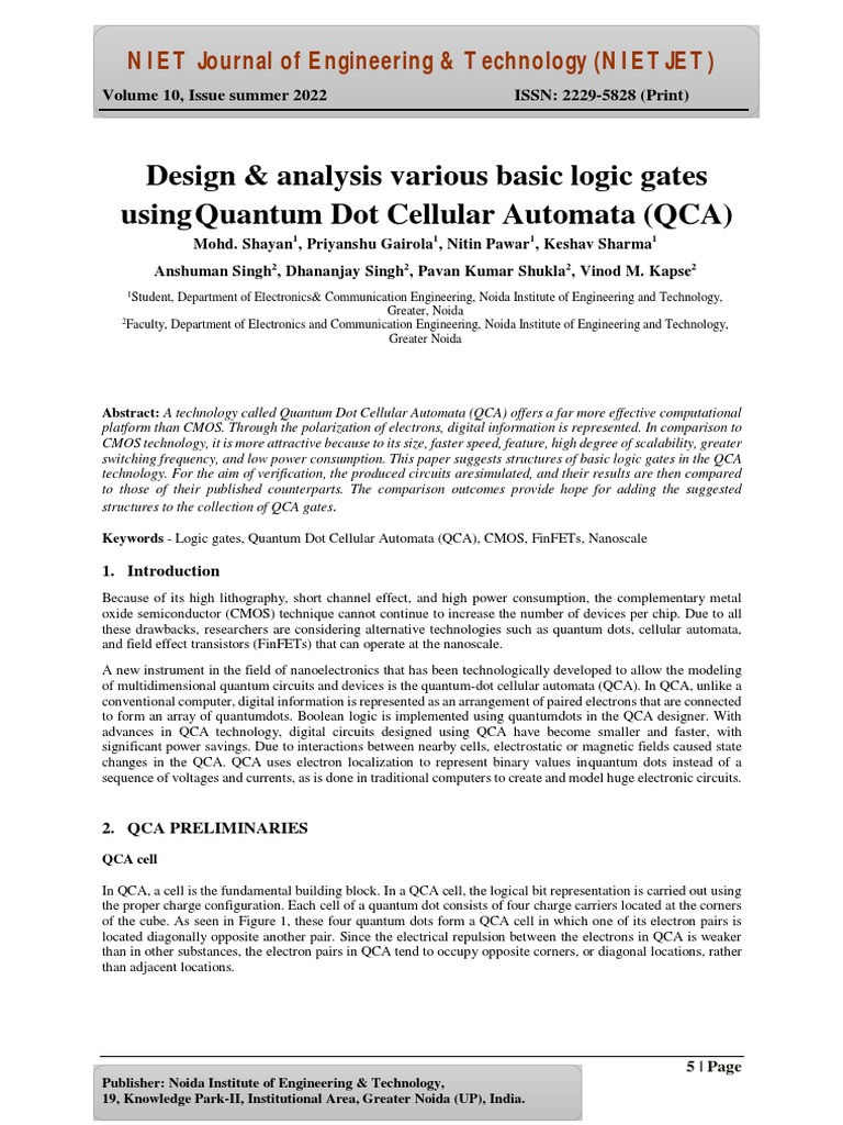 QCA Logic Gates Design and Analysis | PDF | Logic Gate | Computer ...