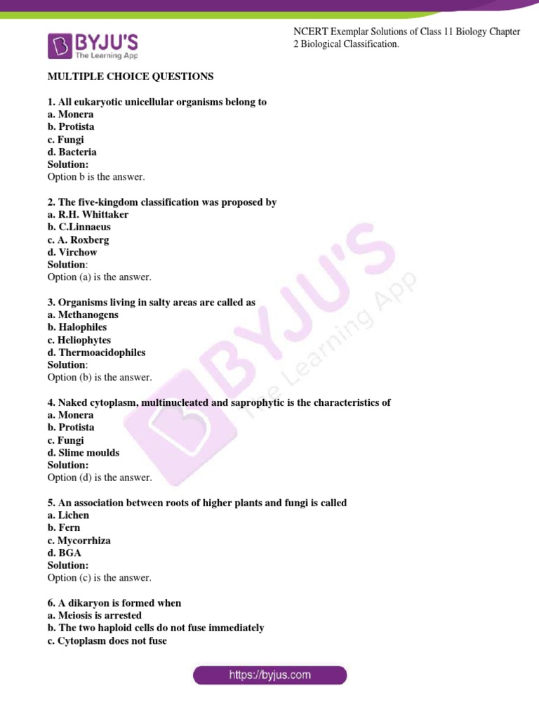 Ncert Exemplar Solutions For Class 11 Bio Chapter 2 | PDF | Fungus | Algae