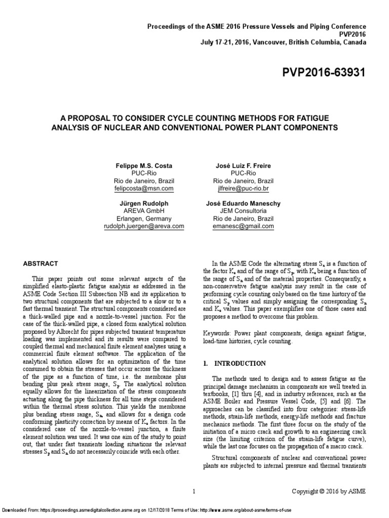 2016 ASME A Proposal To Consider Cycle Counting Methods For Fatigue ...