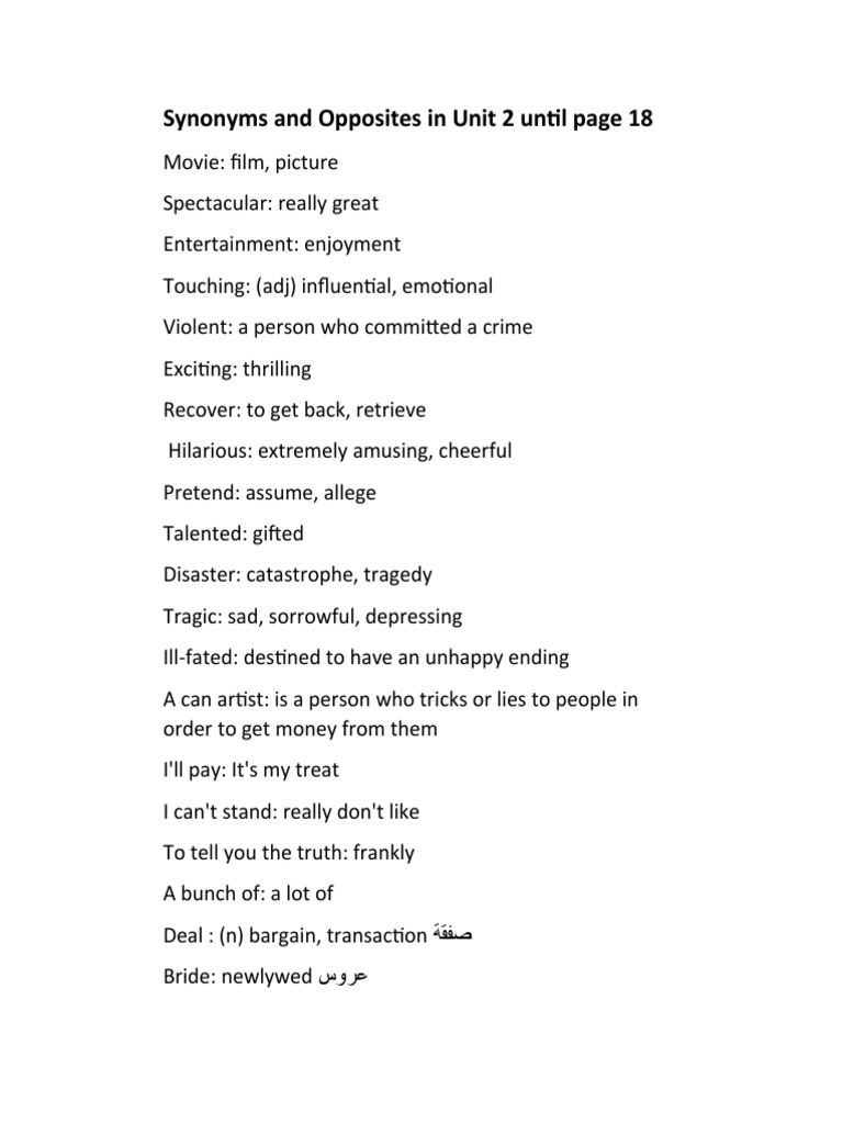 Synonyms and Opposites in Unit 2Till Page 18 PDF