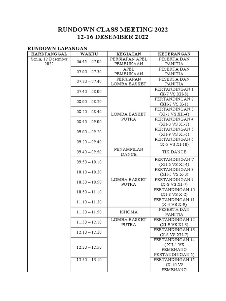 Rundown Class Meeting 2022 | PDF