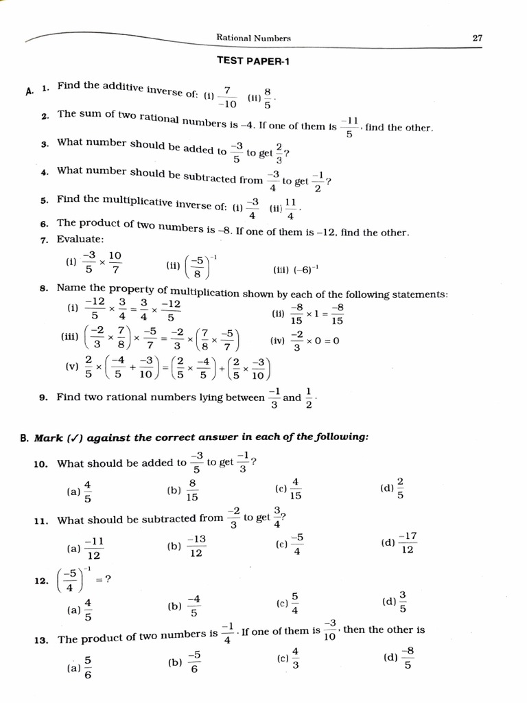 Class 8 Rational Numbers Test Paper | PDF | Elementary Mathematics ...