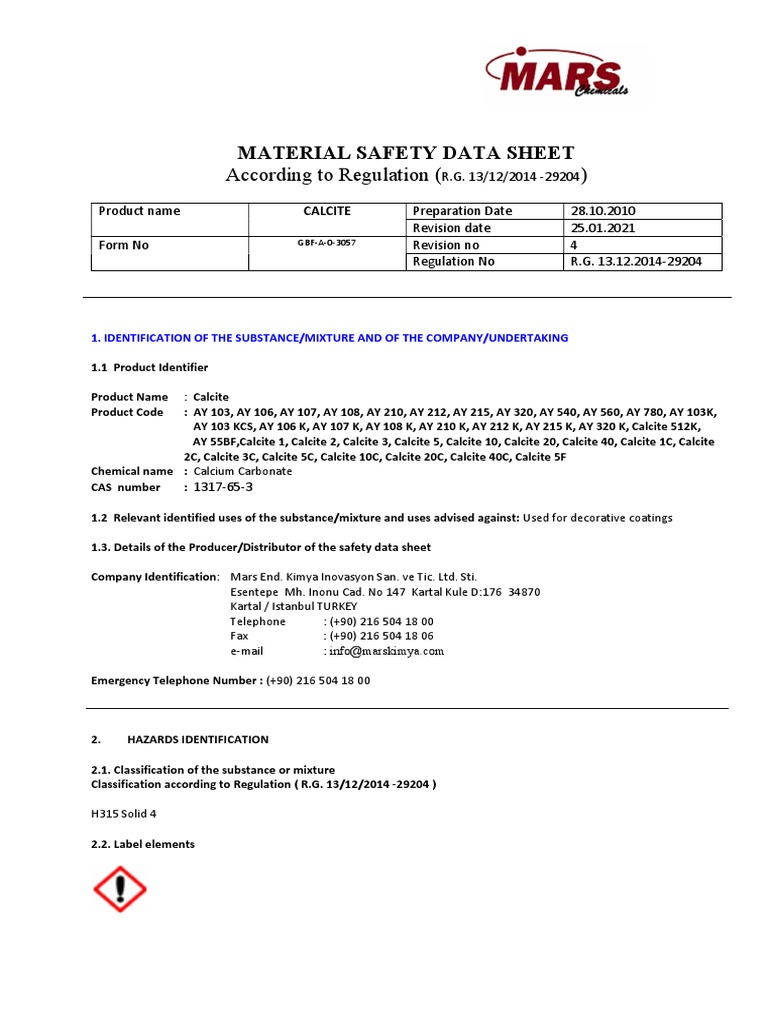 Fiche Technique Calcium Carbonate PDF Dangerous Goods Toxicity