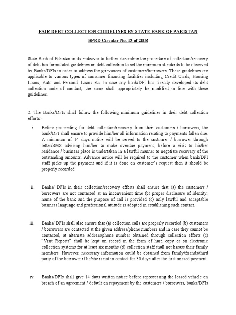 Fair Debt Collection Guidelines By State Bank Of Pakistan Pdf Debt