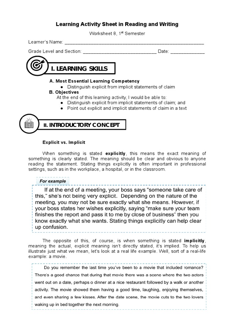 Explicit vs. Implicit Statements Worksheet | PDF | Learning | Cognition