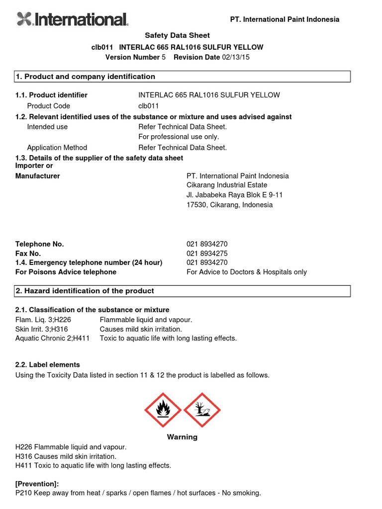 INTERLAC 665 RAL1016 Safety Data Sheet | PDF | Toxicity | Chemical ...
