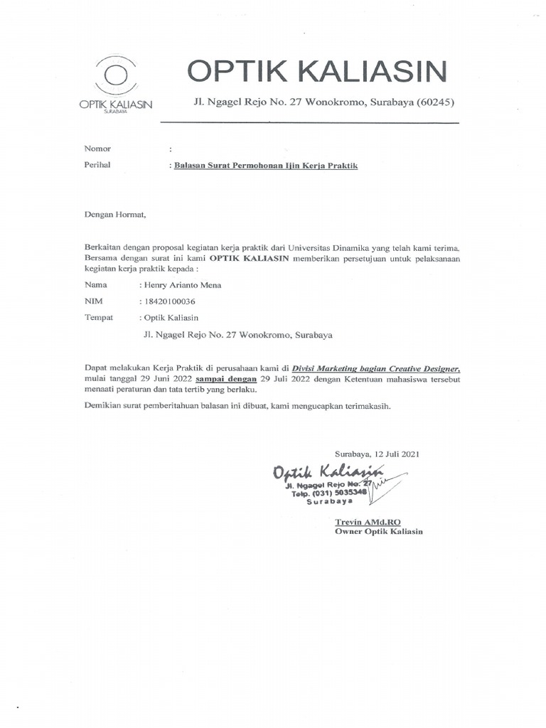 Surat Pengantar KP Optik Kaliasin | PDF