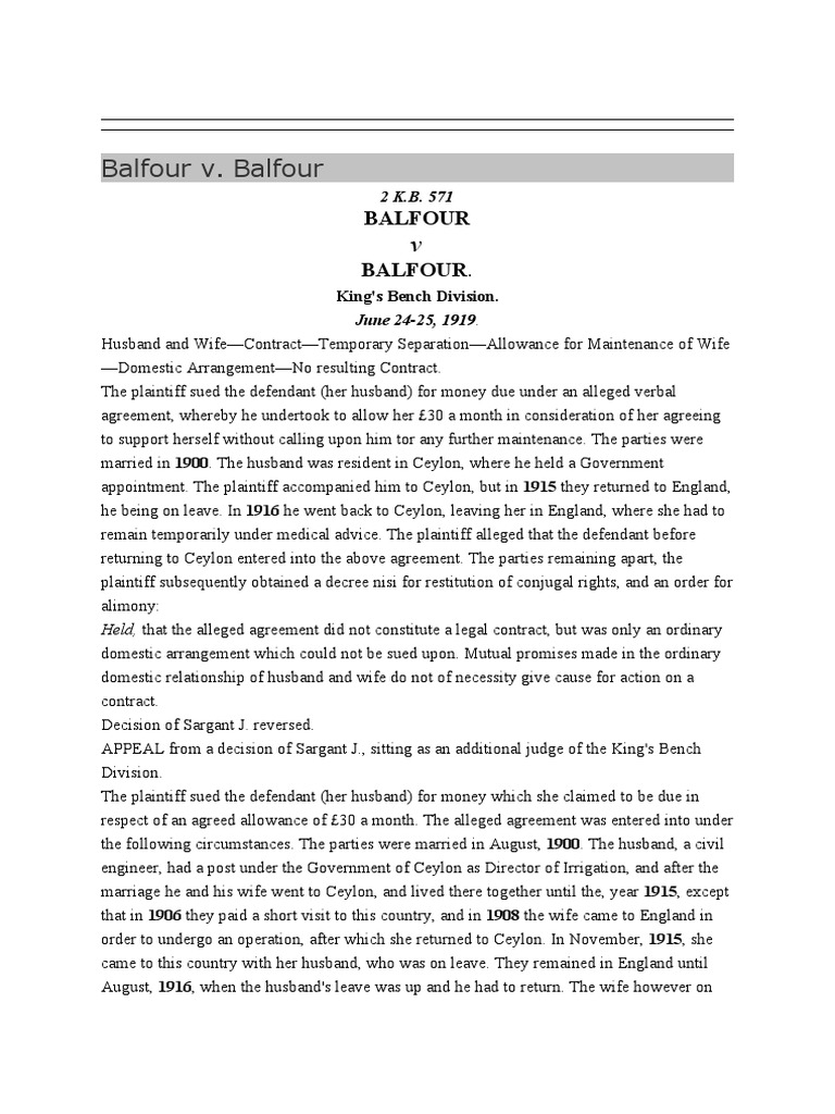 Balfour Vs Balfour AFTAB PDF Consideration Lawsuit