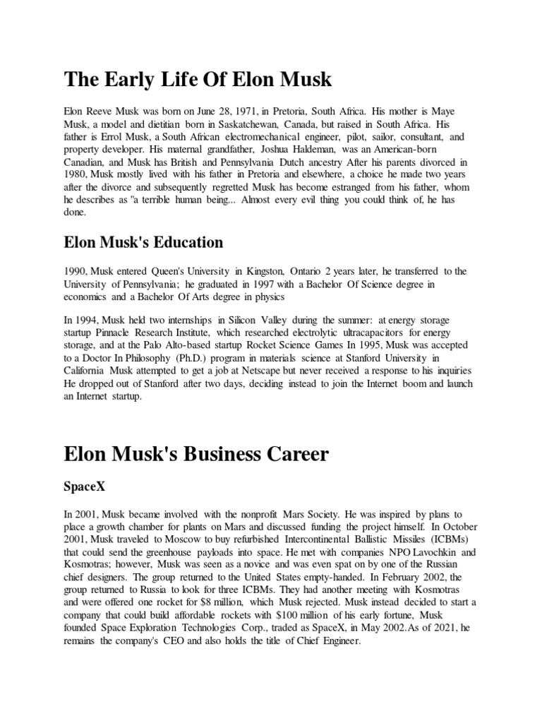 Biography of Elon Musk - Edited-1 | PDF | Space X | Elon Musk