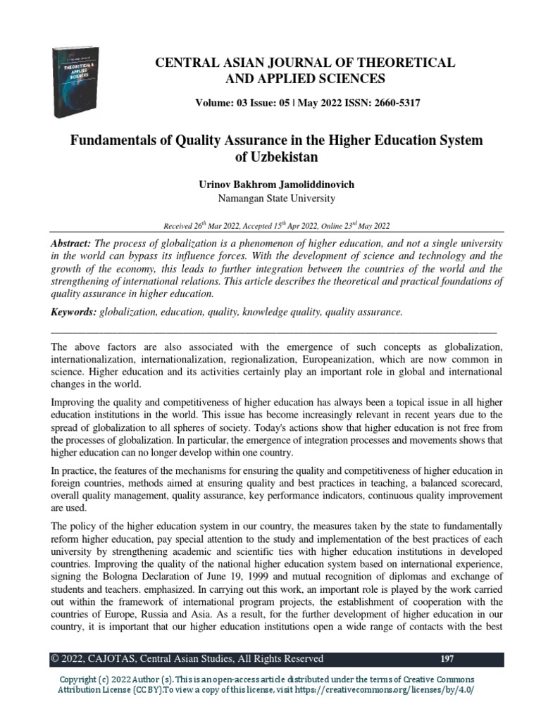 Fundamentals Of Quality Assurance In The Higher Education System Of