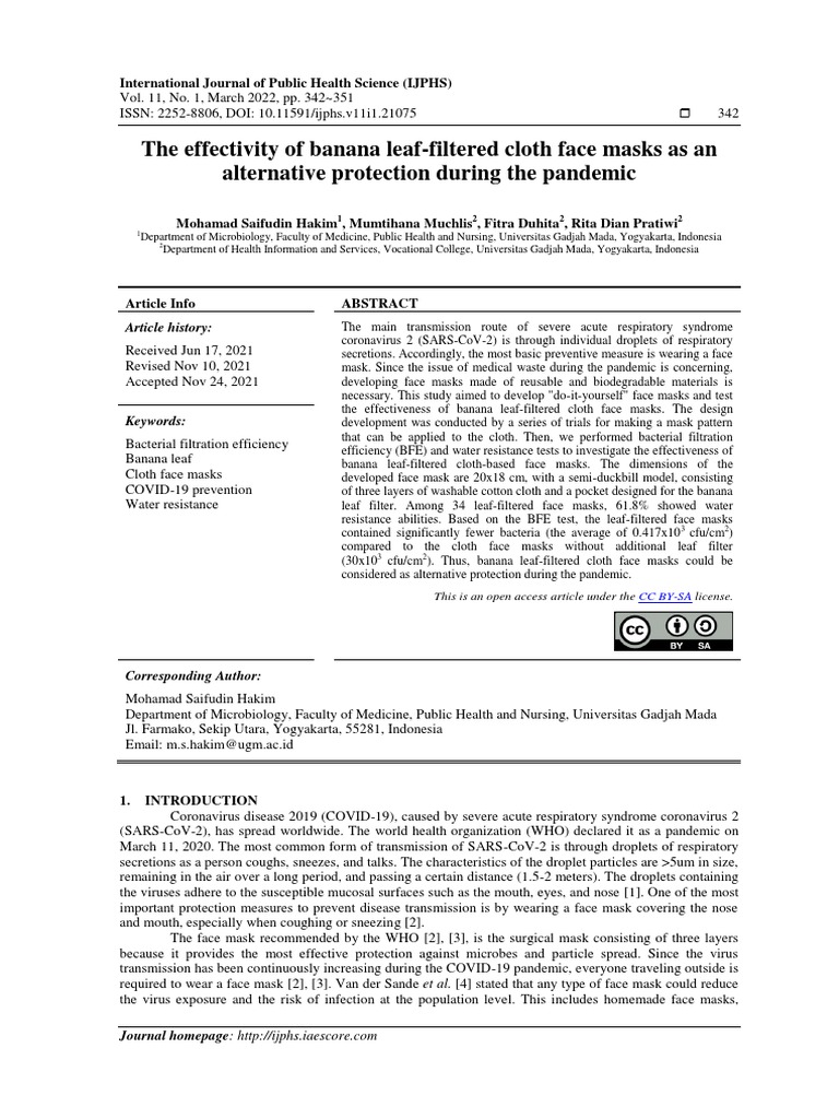 The effectivity of banana leaf filtered cloth face masks as an