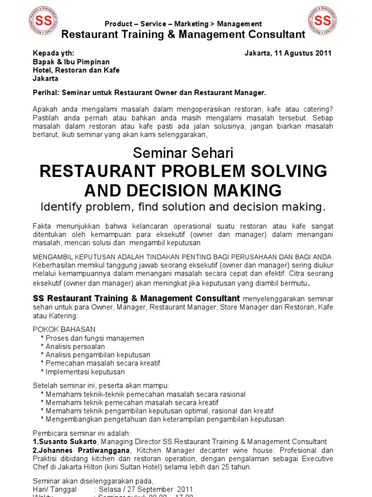 Seminar 27 September 2011 Restaurant Problem Solving and Decision ...