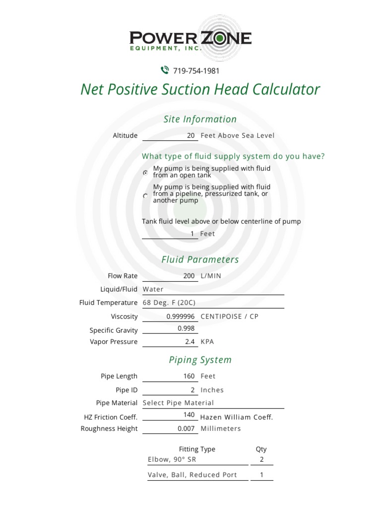 Power Zone Equipment NPSH Calculator Result PDF Pump Hydraulics