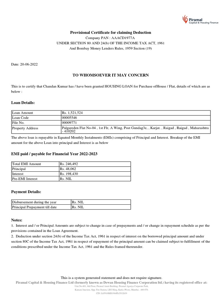 Home Loan Provisional Certificate | PDF | Loans | Interest