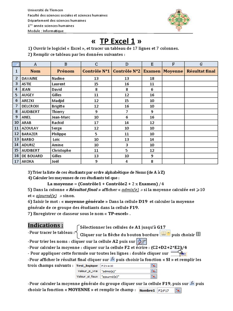 TP Excel : Gestion des résultats étudiants | PDF | Microsoft Excel ...