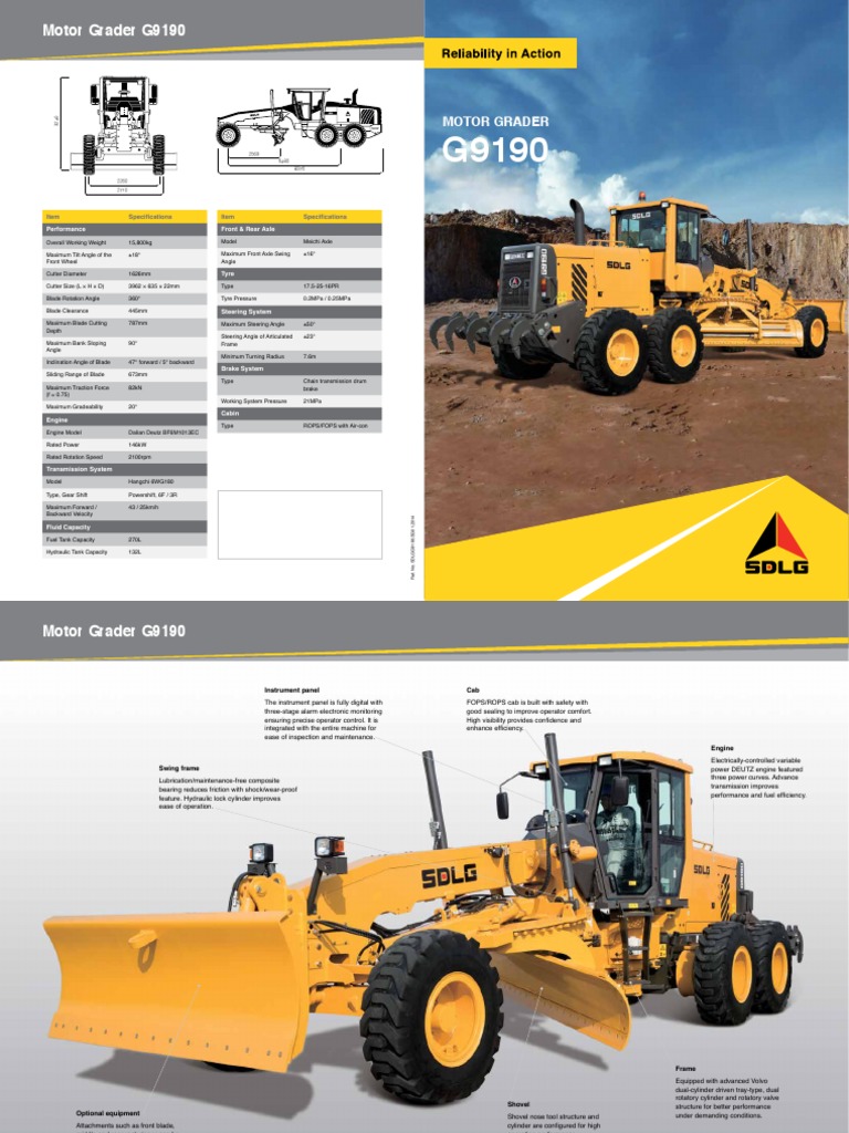 SDLG G9190 Motor Grader Specifications | PDF | Truck | Steering