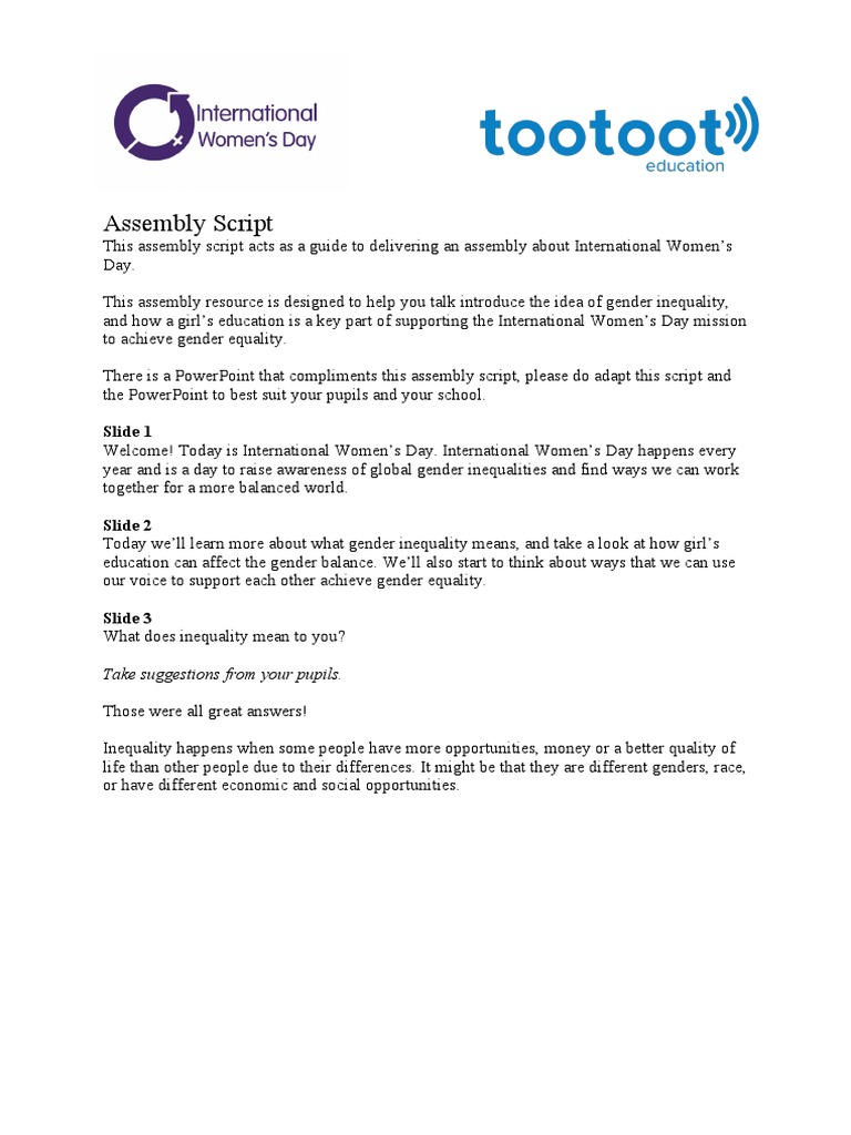 International Women’s Day Assembly Guide | PDF | Gender Inequality ...