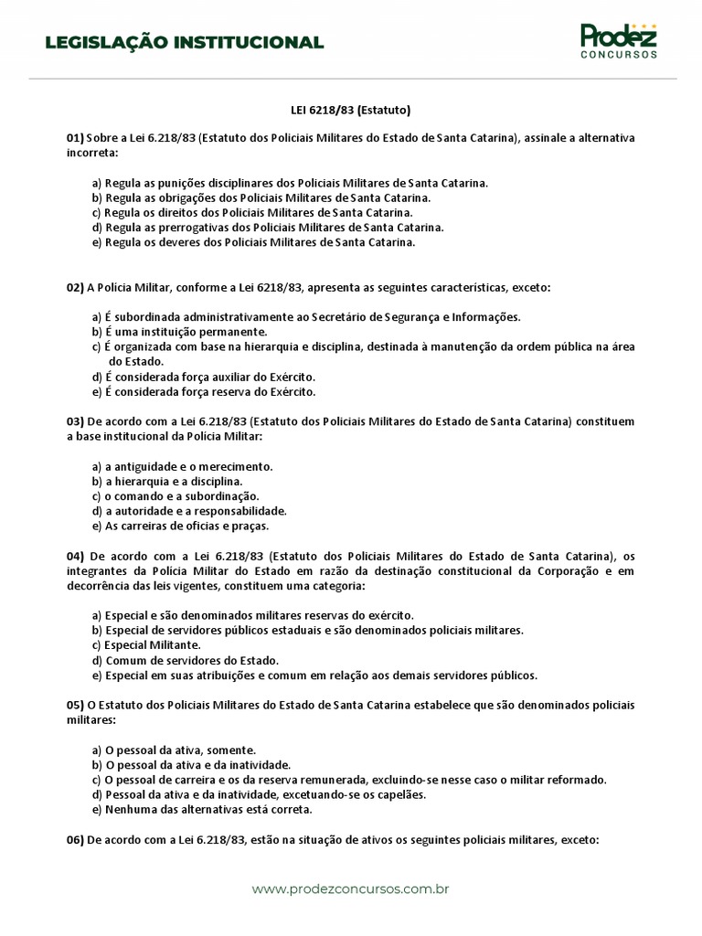 Estatuto da PM de SC: Lei 6218/83 | PDF | Polícia | Polícia militar