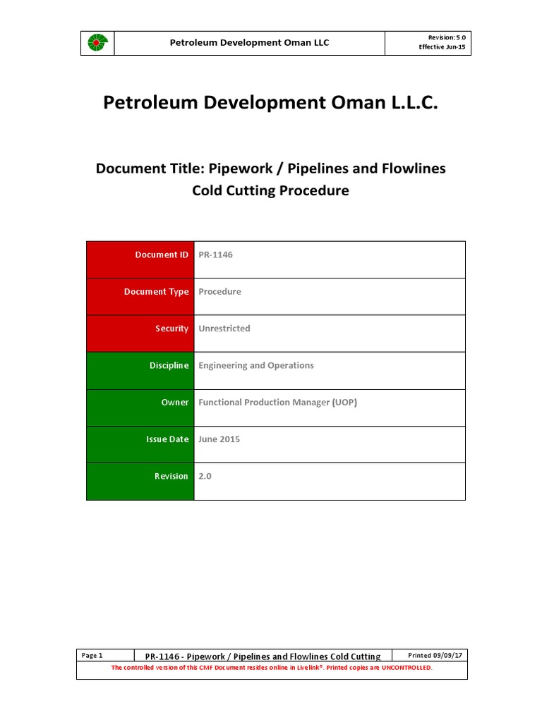 Pipelines and Flowlines Cold Cutting Procedure PDF Pipeline