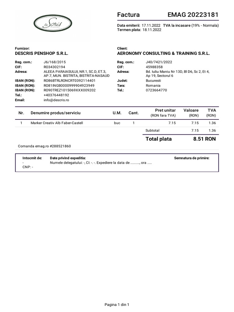 Factura EMAG 20223181: Descris Penshop S.R.L. Aeronomy Consulting ...