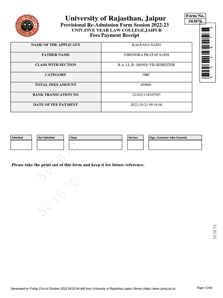 University of Rajasthan, Jaipur Provisional ReAdmission Form Session