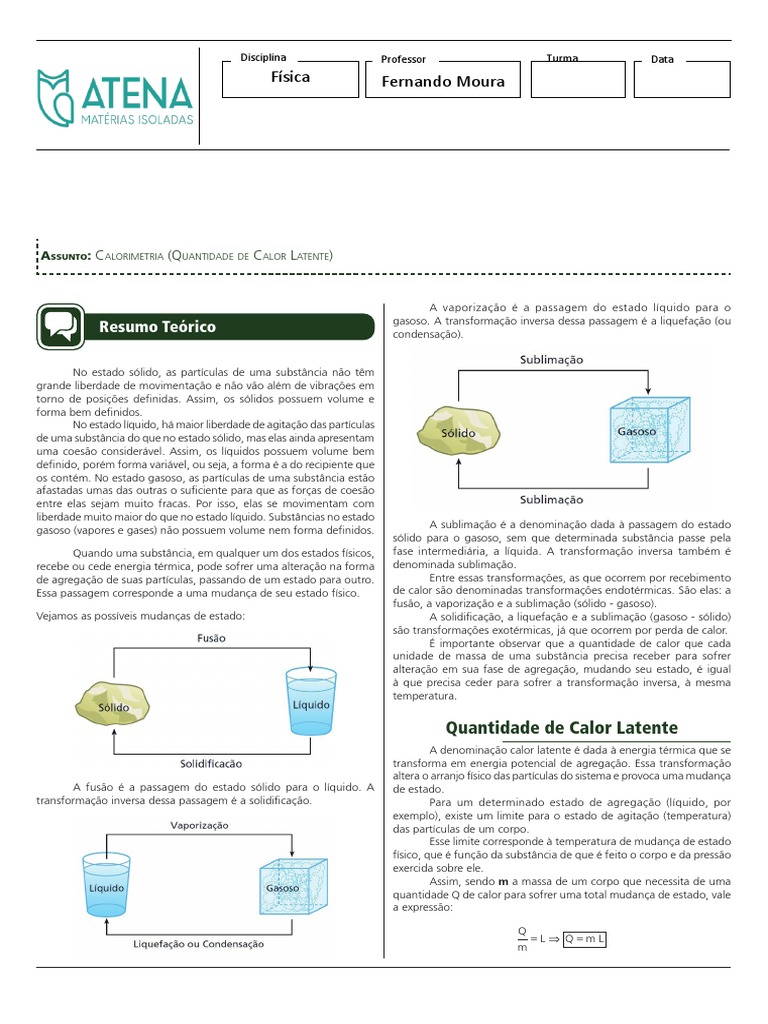 Calorimetria: Calor Latente e Mudanças de Estado | PDF | Calor ...
