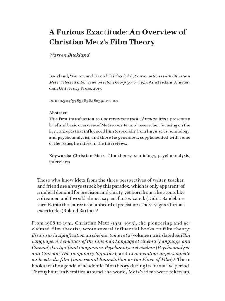 Overview Christian Metz Film Theory | PDF | Semiotics | Experience