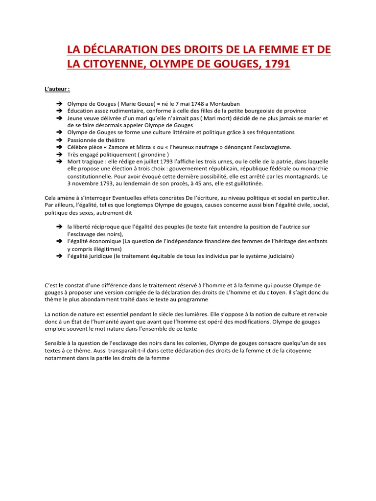 Ouverture Dissertation Olympe De Gouges Fiche Dissertation Olympe de Gouges BAC | PDF